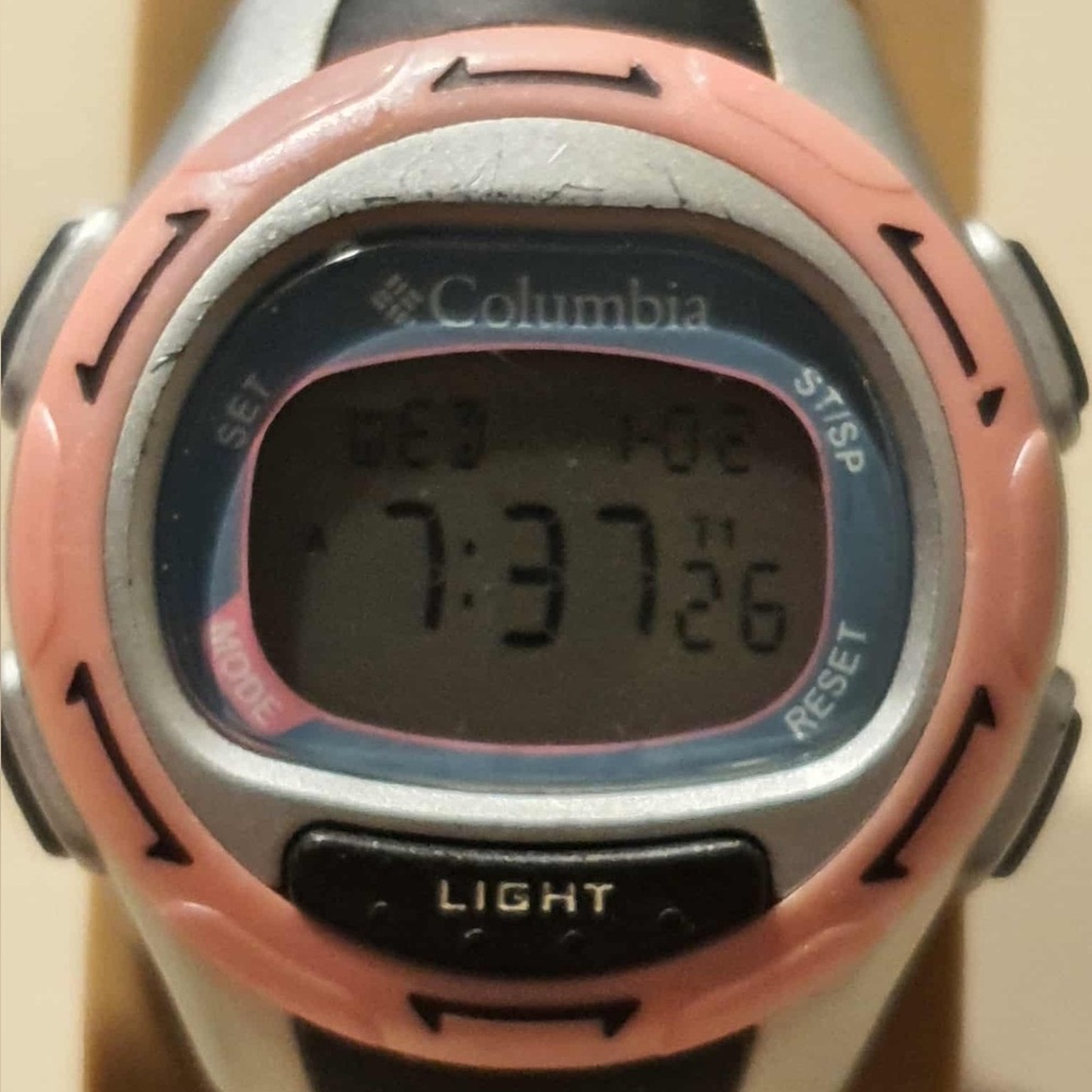 🦋10/$20🦋 Columbia CL-5023 Silver/Pink Nylon Digital Alarm Chrono Women's Watch